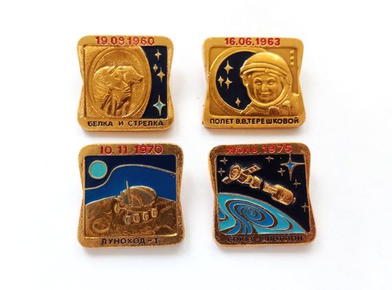 Space exploration pins: space dogs Belka and Strelka, Valentina Tereshkova the first woman in space, moon rover Lunokhod, Soyuz-Apollo project.
Available as a set of 4 or separately here.