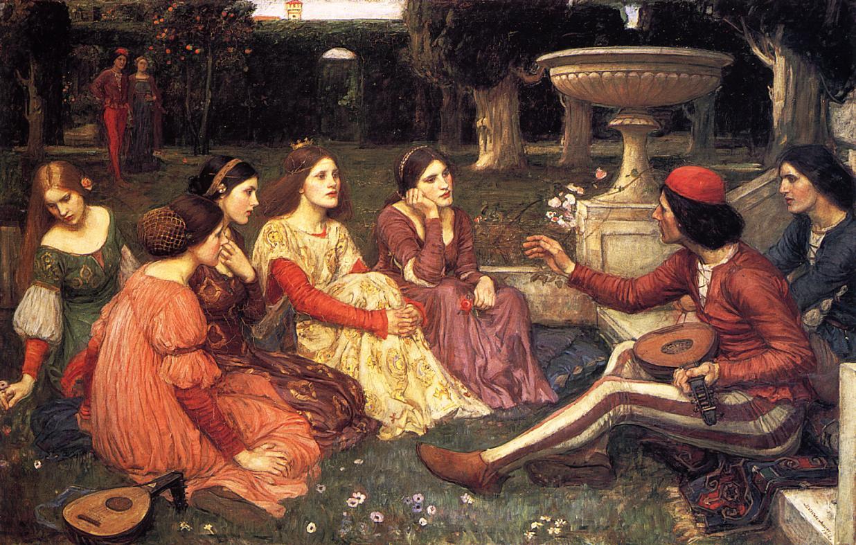 The Decameron (1916). John William Waterhouse (English, 1849-1917). Oil on canvas. Lady Lever Art Gallery.
â€˜The Decameronâ€™ is a collection of 100 tales by the 14th-century Italian author Giovanni Boccaccio. A group of seven young women and three men...