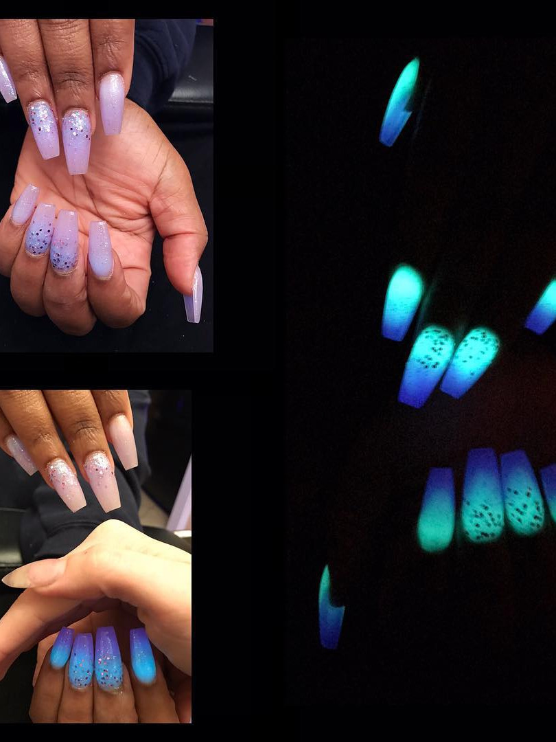 rainbow nails, pearl nails, color street nails, galaxy nails, shellac nail polish Ombrglow in the dark nails 