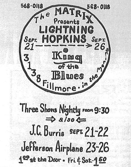 Jefferson Airplane at the Matrix in San Francisco September 23-26, 1965 opening for Lightning Hopkins.