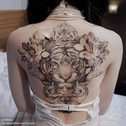 By Zihwa, done at Reindeer Tattoo Studio, Seoul.... animal;backpiece;big;black and grey;facebook;feline;tiger;twitter;zihwa