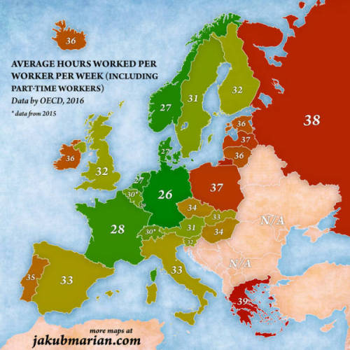 Average hours worked per worker per week, 2016.