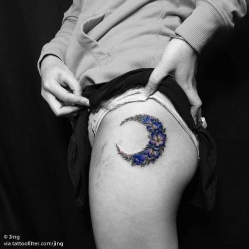 By Jing, done at Jing’s Tattoo, Queens.... flower;jing;astronomy;hip;flower wreath;thigh;facebook;nature;twitter;crescent moon;flower moon;moon;medium size;illustrative