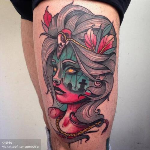 By Shio, done at Blessed Tattoo, Zaragoza.... shio;surrealist;big;women;thigh;facebook;twitter;other;neotraditional