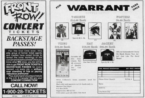 Front Row Tickets and Warrant merchOctober 1991