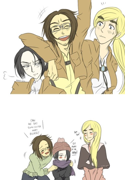 genderbend levi ackerman hanji zoe erwin smith big eyebrows modern au normal au cute friendship veteran aot snk
