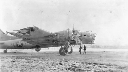 usaac-official:A heavily damaged 34th Bomb Group B-17 at...