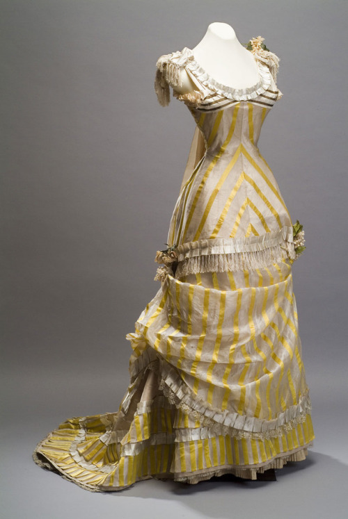 ball gown fashion history historical fashion 1870s 19th century yellow off white stripes 1877 stripe silk lace mexico evening dress dress victorian fashion victorian museo de historia mexicana popular
