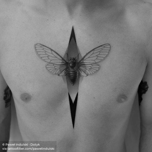 By Paweł Indulski · Dotyk, done at Redberry Tattoo Studio,... animal;chest;cicada;dotwork;facebook;insect;medium size;pawelindulski;sternum;twitter