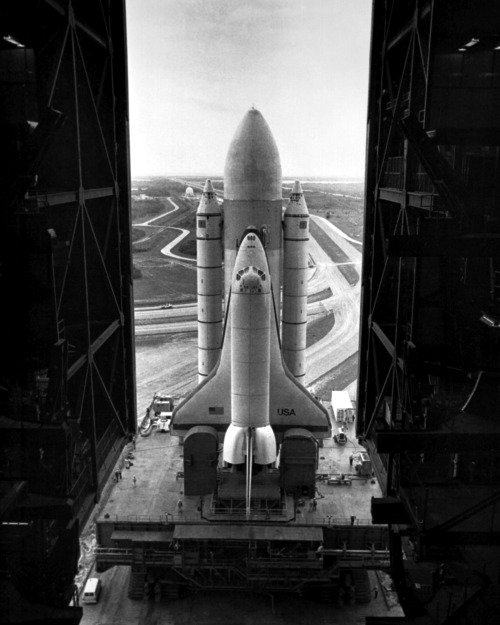 humanoidhistory:The Space Shuttle Enterprise moves on a mobile...