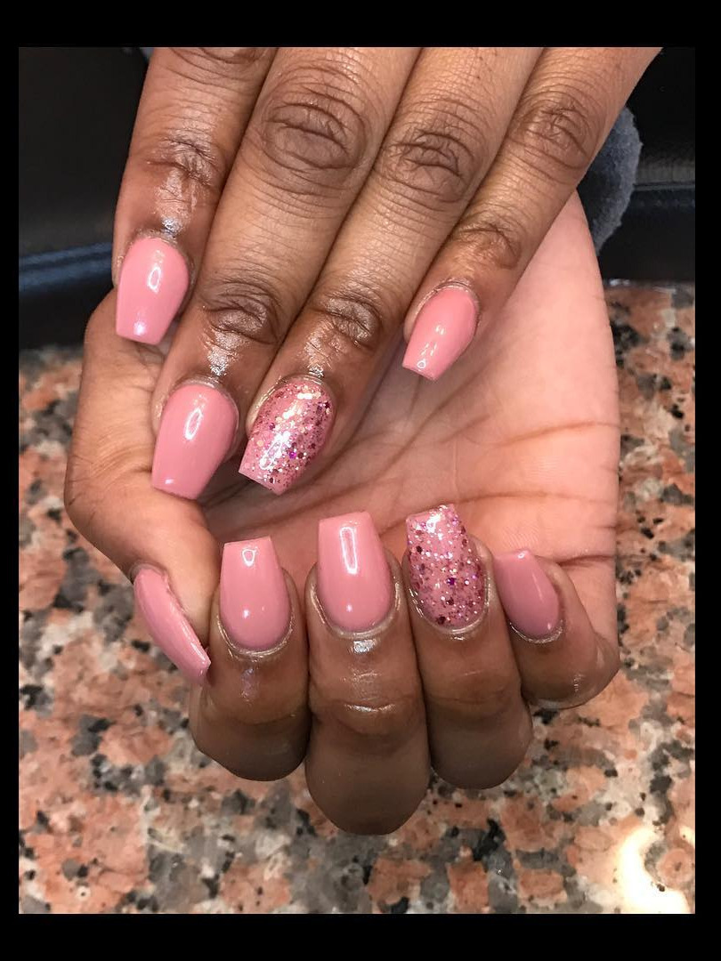 fake nails, k nails, halloween nails, neon nails, polished nail salon Short Coffin Nails with Pink Glitter (polish) Accent 