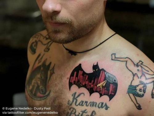 By Eugene Nedelko · Dusty Past, done at Deepwood Tattoo,... eugenenedelko;double exposure;dc comics;fictional character;chest;contemporary;batman;batman character;facebook;twitter;experimental;dc comics character;medium size;other;illustrative;film and book