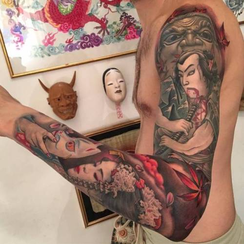 By Nicklas Westin, done at Family Art Tattoo, Barcelona.... patriotic;neo japanese;japanese culture;nicklaswestin;huge;women;facebook;twitter;sleeve;other;geisha
