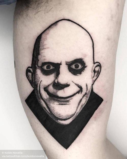 By Koldo Novella, done in Portugalete. http://ttoo.co/p/34850 blackwork;facebook;fictional character;film and book;inner arm;koldonovella;medium size;portrait;the addams family;twitter;uncler fester