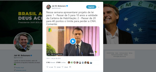 tuite bolsonado sobre limite de pontos da cnh