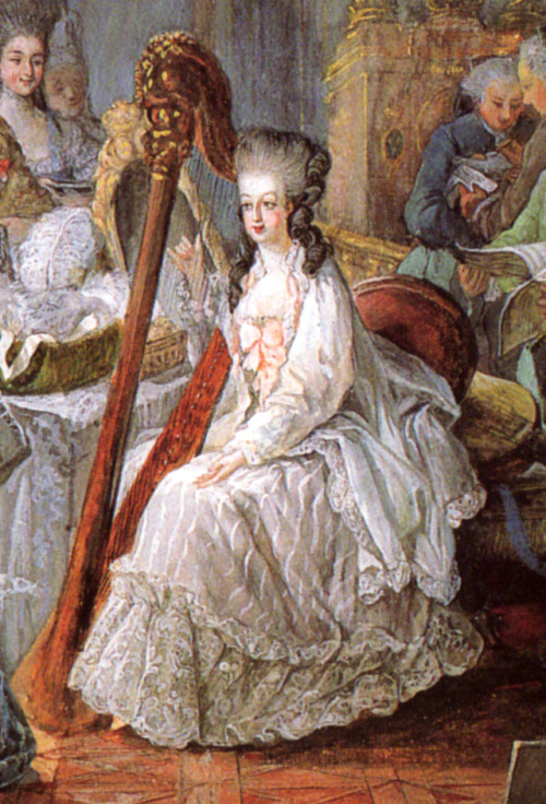 tiny-librarian:
“Detail of a portrait of Marie Antoinette, playing the harp in her bedroom at Versailles.
”