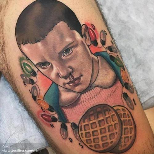 By Mimi, done at La Dolores & Mimi, Madrid.... stranger things;fictional character;patriotic;big;mimi;eleven;tv series;millie bobby brown;character;united states of america;thigh;facebook;twitter;portrait;neotraditional