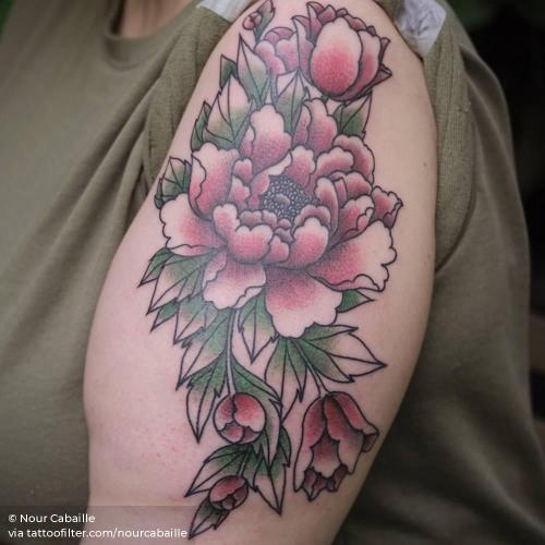 By Nour Cabaille, done at Le mari de la tatoueuse,... big;facebook;flower;illustrative;nature;nourcabaille;peony;twitter;upper arm