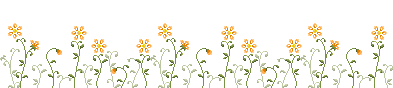 A row of blooming orange flowers and buds with curling green stems and leaves, rendered in a pixel style