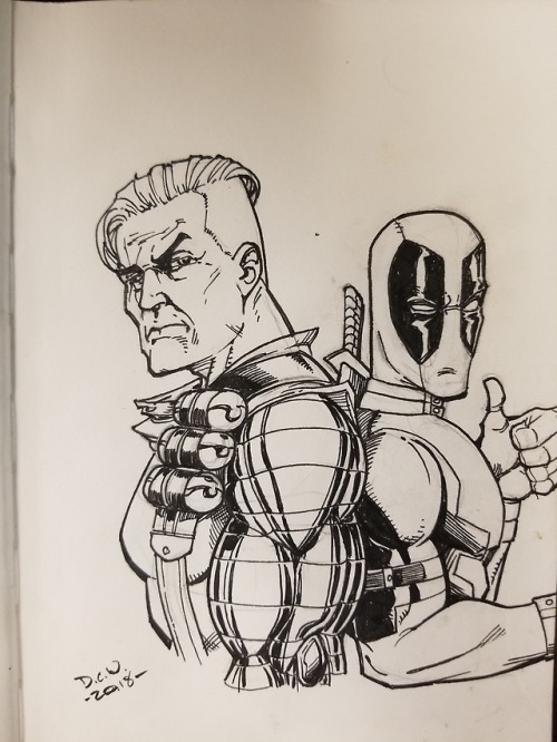 holierthancow:Cable and Deadpool lunch break illustration.