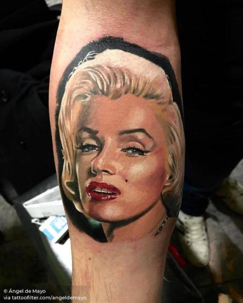 By Ángel de Mayo, done at 17ª Valencia Tattoo Convention,... angeldemayo;music;patriotic;women;united states of america;character;facebook;marilyn monroe;realistic;twitter;portrait;inner forearm;medium size;other