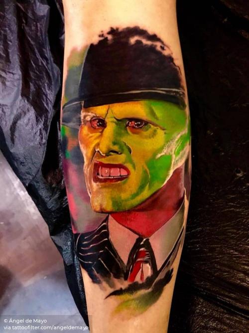 By Ángel de Mayo, done at 18ª Valencia Tattoo Convention,... angeldemayo;big;calf;canada;character;facebook;film and book;jim carrey;patriotic;portrait;realistic;the mask;twitter