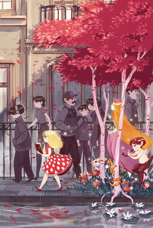 Book Illustration kids with books imagination illustration walk in the park
