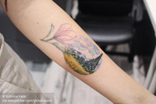 By Victoria Yam, done in Hong Kong. http://ttoo.co/p/35380 art;contemporary;europe;facebook;inner forearm;location;medium size;netherlands;patriotic;cover ups;twitter;van gogh;victoriayam;wheat field with cypresses