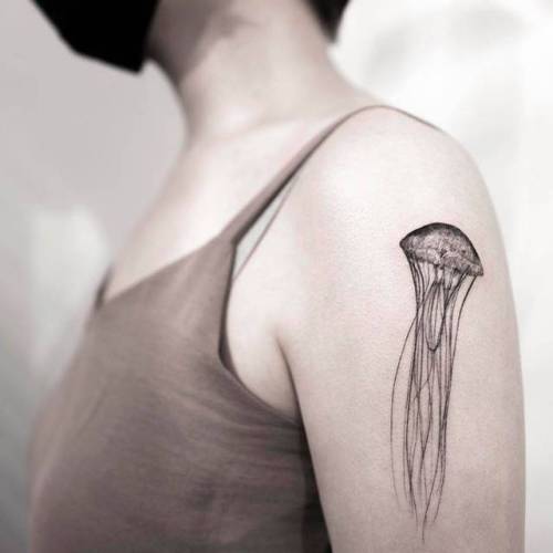 By Ilwol Hongdam, done at Hongdam Tattoo, Seoul.... small;single needle;animal;hongdam;jellyfish;tiny;ifttt;little;nature;ocean;medium size;illustrative;upper arm