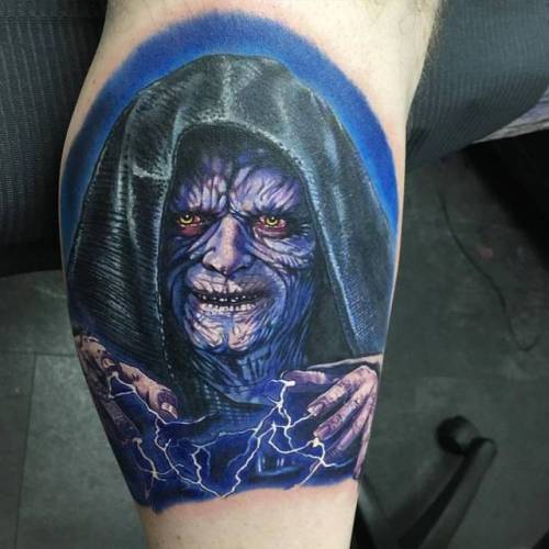By Alex Rattray, done at Red Hot and Blue Tattoo, Edinburgh.... film and book;calf;fictional character;big;star wars;facebook;palpatine;star wars characters;realistic;twitter;alexrattray