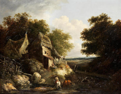 laclefdescoeurs:Figures by a cottage, a man on a horse...