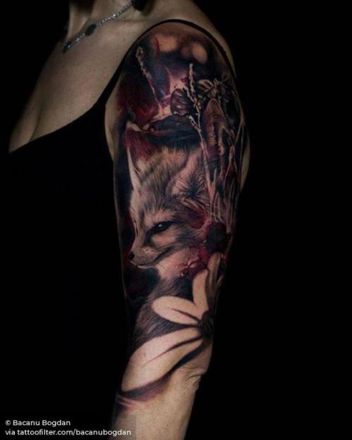 By Bacanu Bogdan, done at NR Tattoo Cheltenham, Cheltenham.... angeliquegrimm;animal;bacanubogdan;big;black and grey;facebook;fox;twitter;upper arm