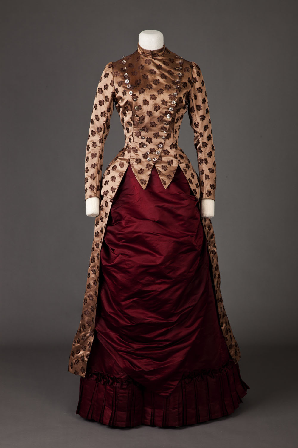 Historical Dress - Dress, ca. 1885 Bias brown brocade bodice and over...