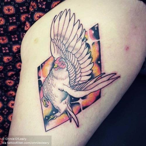 By Onnie O'Leary, done at The Lions Den Tattoo, Sydney.... comic;onnieoleary;big;chicken;animal;bird;cartoon;thigh;facebook;twitter