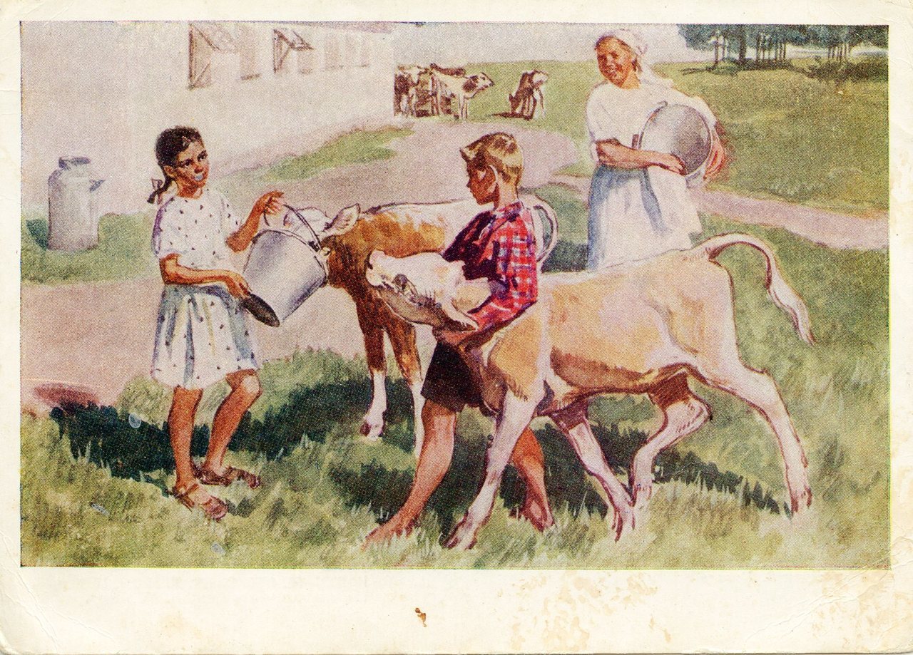 Patrons. Postcard by V. Tsigal (1956)