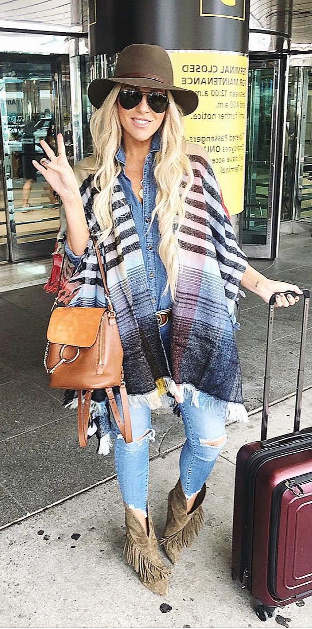 50+ Cozy Outfit Ideas You Need - #Beauty, #Dress, #Outfits, #Picture, #Streetwear Peace out NYC Iheaded back home to my babies I linked my exact travel look for you guys here! How pretty are the colors in the this cape?!?! and I love this denim shirt.. Iseriously spent so much time trying to find the perfect denim shirt and this one is it my look by following me on the  App Or use the link in my bio:  