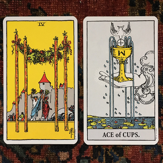 Unhelpful Tarot — Four of Wands and Ace of Cups The office party...