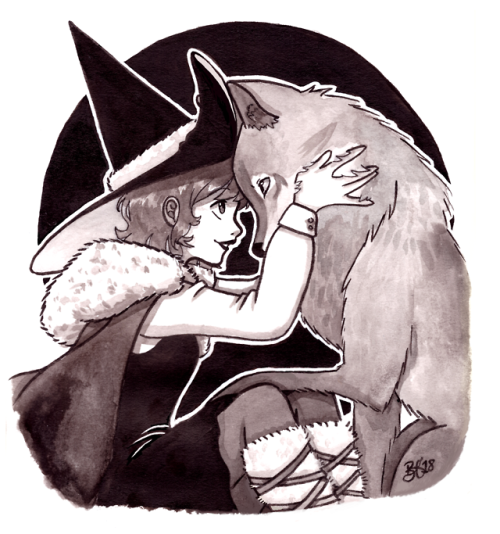 paper-swirls:Inktober 3 - A young witch and her loyal wolf...