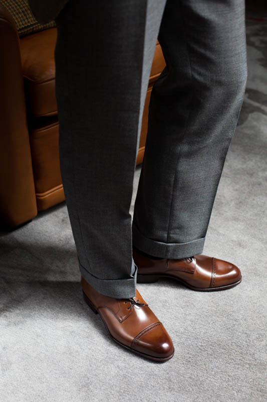 Freshly pressed trousers and our Brown Cordovan Derbies from Carmina