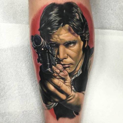 By Alex Rattray, done at Red Hot and Blue Tattoo, Edinburgh.... calf;fictional character;patriotic;big;harrison ford;united states of america;character;star wars;facebook;star wars characters;realistic;twitter;alexrattray;portrait;han solo;film and book