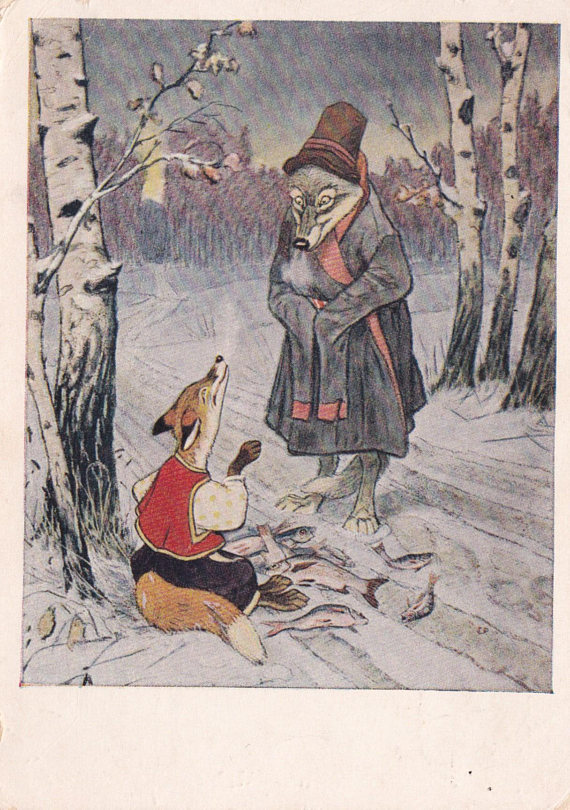 sovietpostcards:
“ Illustration for “The Fox and the Wolf” folk tale, artist Yevgeny Rachyov (1955)
Buy here: http://etsy.me/2nrbIW1
”