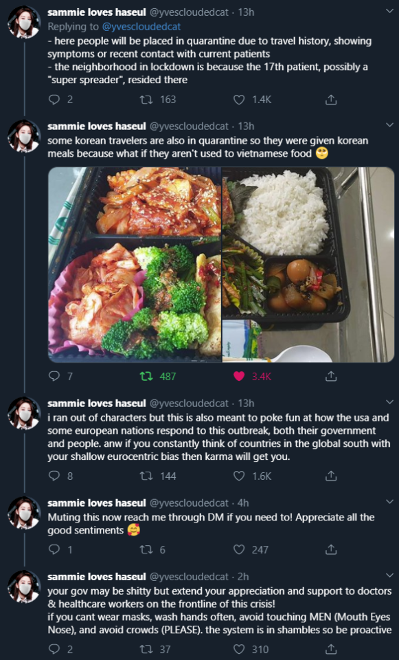 Image shows a twitter thread with the captioned text, plus two pictures of pre-packaged meals including rice, vegetables, and other stuff I can't personally identify