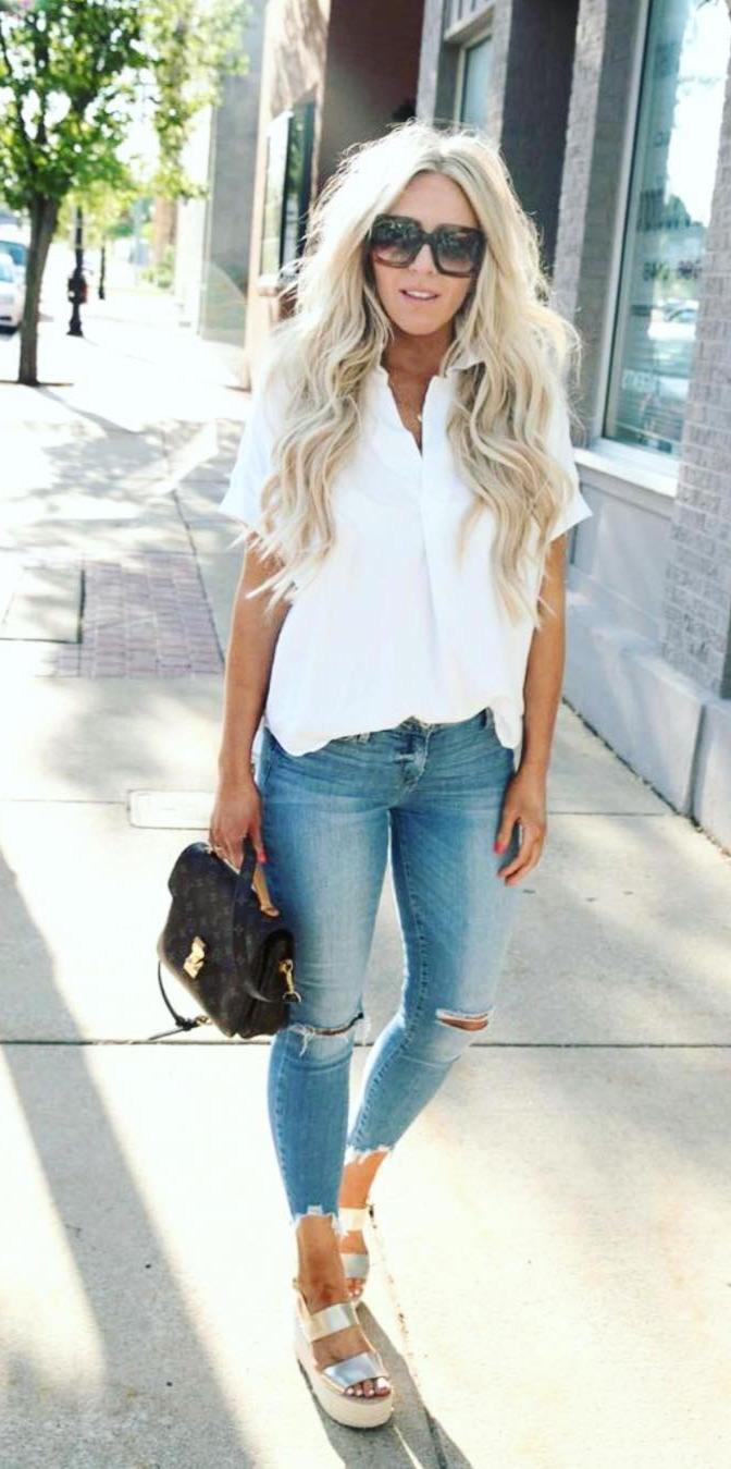 50+ Cozy Outfit Ideas You Need - #Fashion, #Girl, #Outfitideas, #Good, #Streetstyle A classic look with a new obsession... gold platformsThis white button down is the best closet basic, runs tts.  iI also linked this denim thattotally worth the investment Shop my exact look by following me on the  App OR use the link in my profile:   