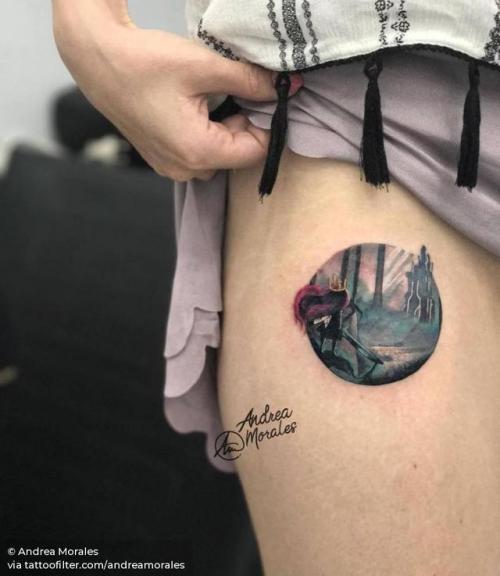 By Andrea Morales, done at La Mala Vida Tattoo Parlour, Madrid.... geometric shape;andreamorales;small;circle;child of light;thigh;facebook;twitter;video game;game;illustrative