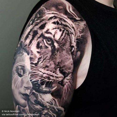 By Nick Noonan, done at Left Hand Path Tattoos, Christchurch.... black and grey;nicknoonan;tiger;feline;big;animal;facebook;twitter;shoulder;portrait