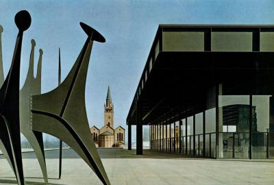 design-is-fine:<br /><br />Ludwig Mies van der Rohe, Neue Nationalgalerie and a large Calder stabile, the Matthaikirche in the background, 1960s<br />