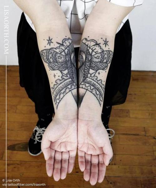 By Lisa Orth, done at Alleged Tattoo, Los Angeles.... animal;big;blackwork;engraving;facebook;individual matching;inner forearm;insect;lisaorth;matching;moth;twitter