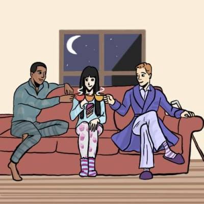 Three figures in variously adorned pyjamas - Peter, Molly and Nightingale - sit on a red couch drinking tea; they are smiling happily; the moon is visible through a nearby window.