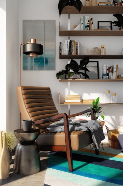 Those shelves are fantastic! I like the turn-ups on the ends along with everything else in the picture. The most surprising aspect is that this is a 3D rendering.