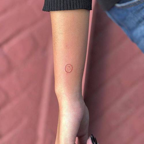 By Joey Hill, done at High Seas Tattoo Parlor, Los Angeles.... small;emoji;smiley;single needle;micro;symbols;line art;tiny;joeyhill;ifttt;little;red;wrist;experimental;other;fine line